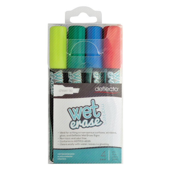 A package of Deflecto wet erase markers with a green, blue, and red marker.