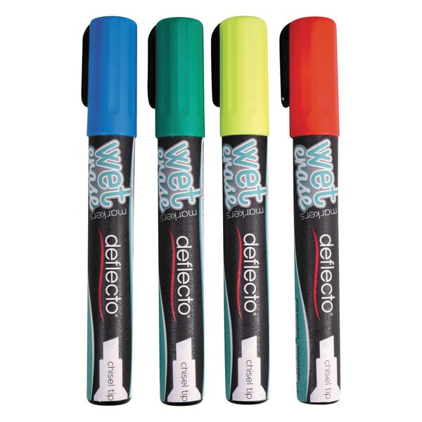 Blue, green, yellow, and red Deflecto wet erase markers in a line standing straight up