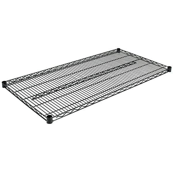 A black wire Alera industrial shelf.