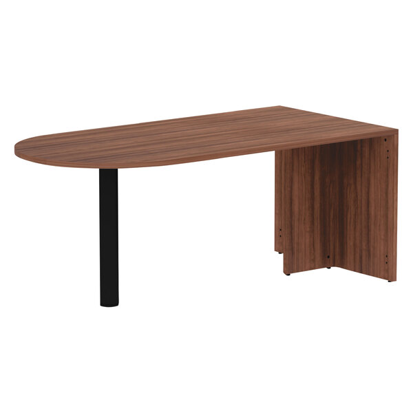 a brown table with black legs