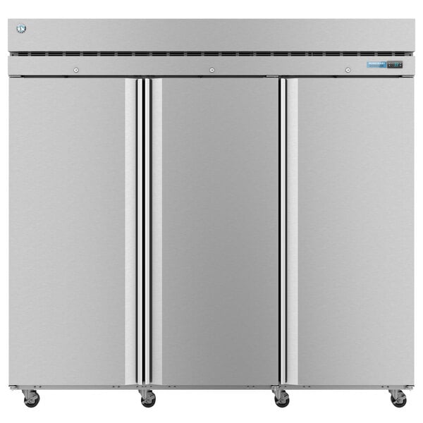 A silver Hoshizaki reach-in freezer with stainless steel doors.