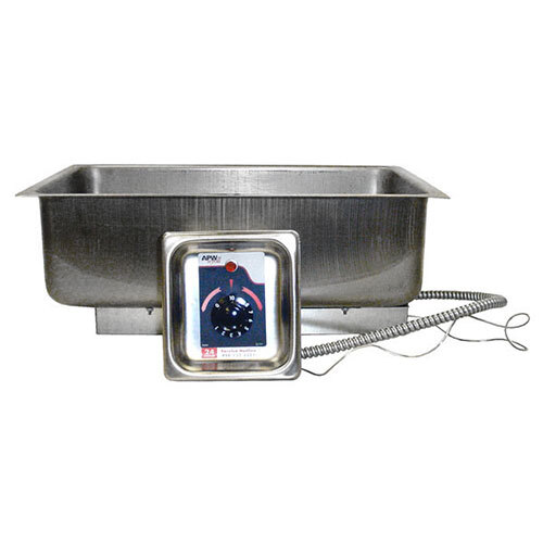 An APW Wyott stainless steel electric hot food well with a dial on a counter in a school kitchen.