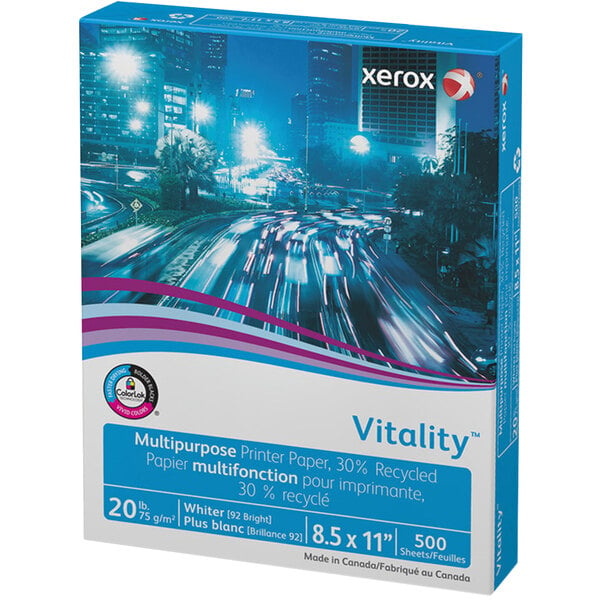 A blue and white Xerox box of Vitality white paper with a picture of a road.