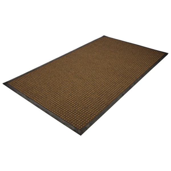 A brown rectangular rug with a black border.