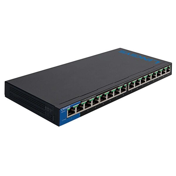 A black Linksys network switch with many ports.