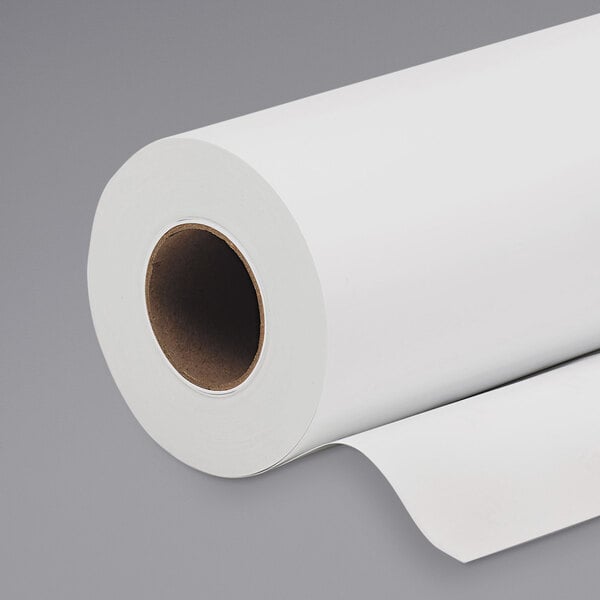 A roll of HP Inc. satin white pigment ink photo paper on a gray background.