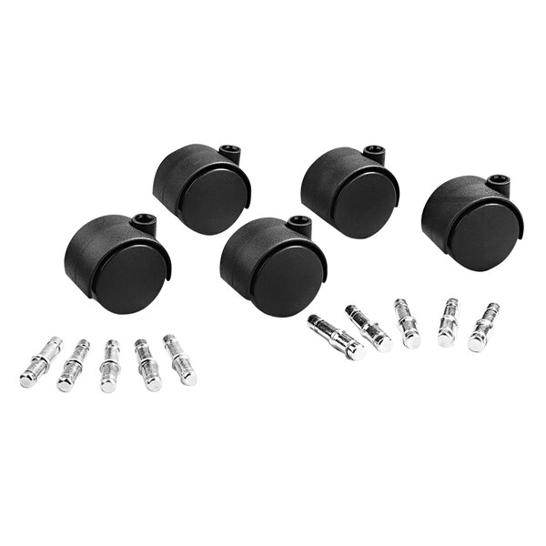 A set of four black Master Caster wheels with metal screws.