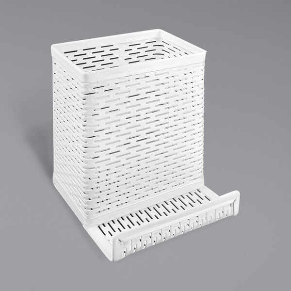 A white metal pencil cup with a punched hole pattern on a white background.