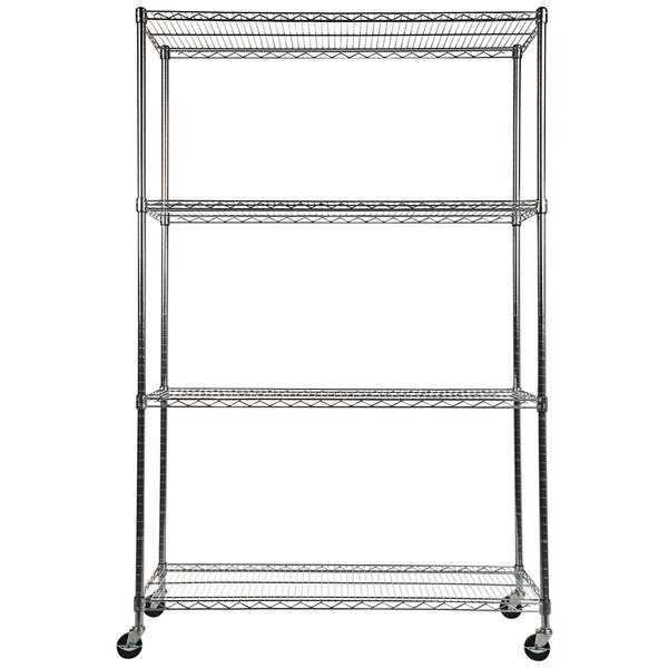 An Alera silver steel wire shelving unit with wheels.