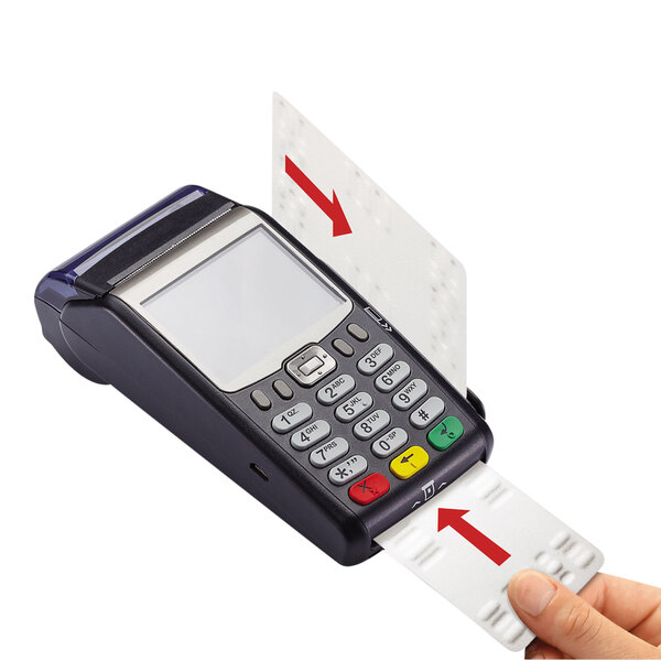 A hand holding a ReadRight white smart cleaning card with a red arrow pointing to it.