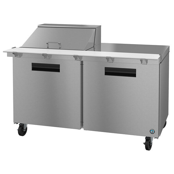 A stainless steel Hoshizaki refrigerated sandwich prep table with two doors.