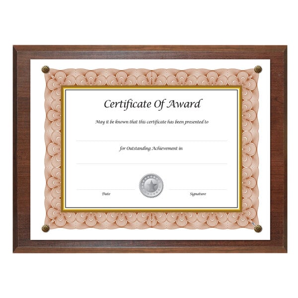 A certificate of award in a NuDell walnut document frame.