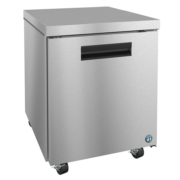 A stainless steel Hoshizaki undercounter freezer with a black handle.