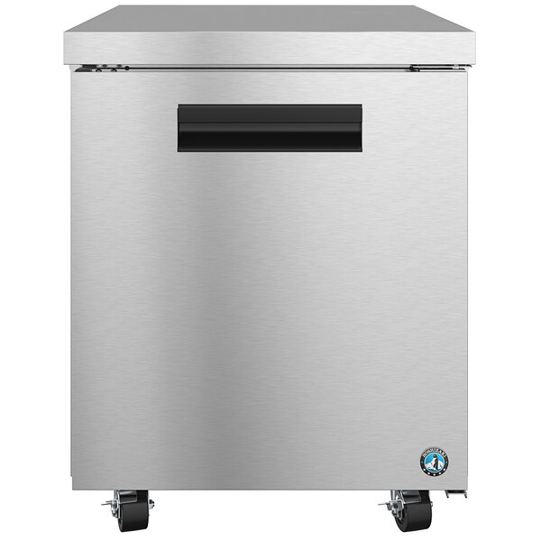 A stainless steel Hoshizaki undercounter freezer with a black handle.