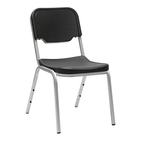 A black Iceberg Rough N Ready stacking chair with a silver base.