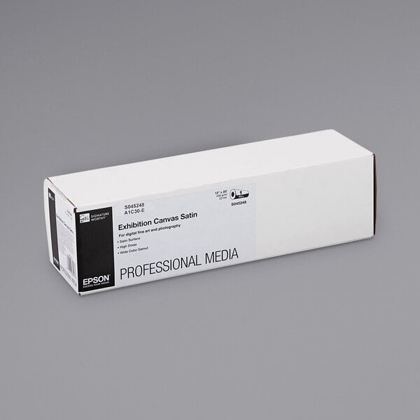 A white box with black text reading "Epson Professional Media Satin White Exhibition Canvas"