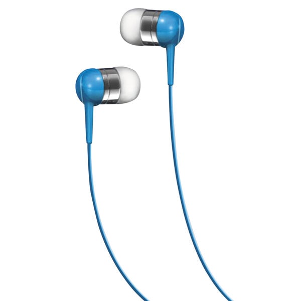 Blue Maxell earbuds with a blue and white cord.