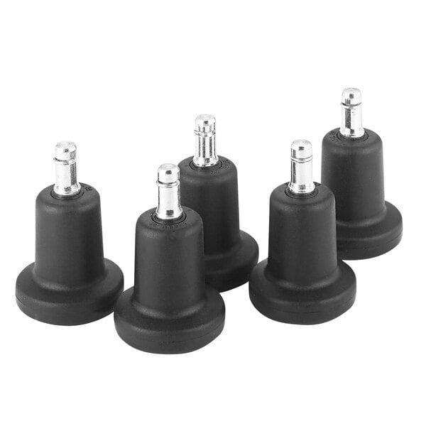 Four black plastic Master Caster B Stem High Profile Bell Glides with metal caps.