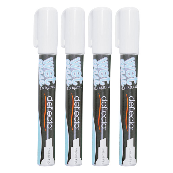 Three Deflecto white markers with white caps.