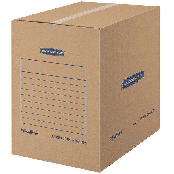 A brown Banker's Box large moving box with a blue label.