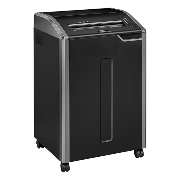 A black and silver Fellowes Powershred 485i strip-cut shredder.