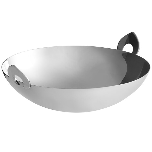 A silver stainless steel Vollrath mini wok bowl with handles.