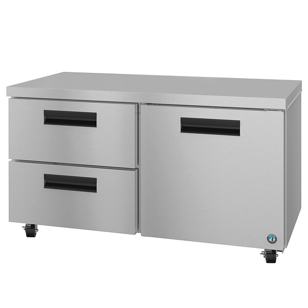 A stainless steel Hoshizaki undercounter refrigerator with 2 drawers and 1 door.