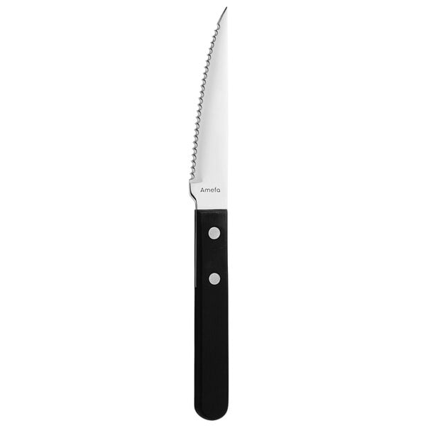 An Amefa steak/pizza knife with a black handle and white serrated edge.