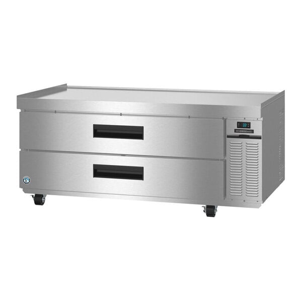 A stainless steel refrigerated chef base with two drawers and a digital temperature display.