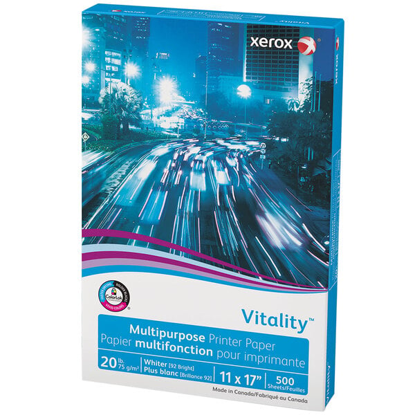 A blue and white ream of Xerox Vitality multi-purpose print paper.