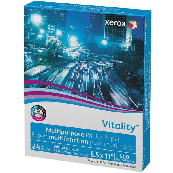 A blue and white box of Xerox Vitality multi-purpose print paper.