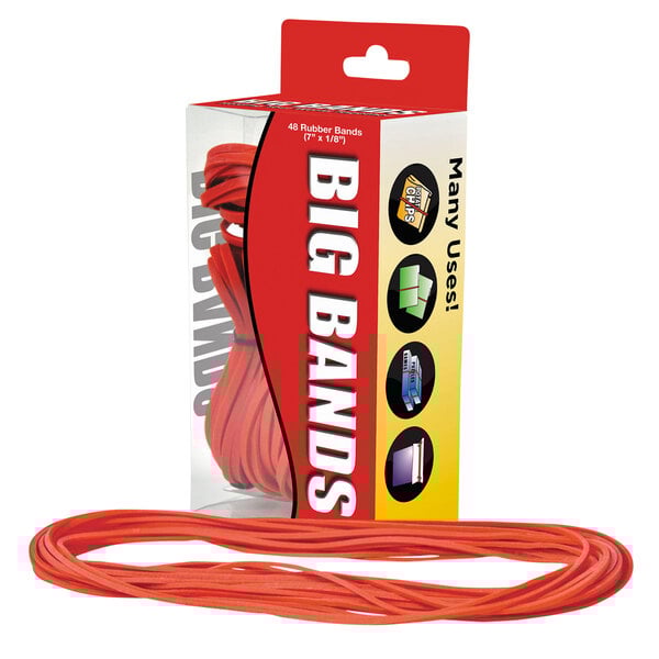 A box of red Alliance rubber bands with a red label.