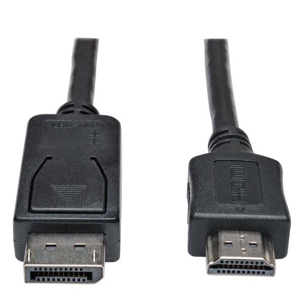 A close-up of a black Tripp Lite DisplayPort to HDMI monitor cable.