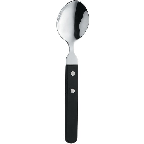 An Amefa stainless steel spoon with a black plastic handle.