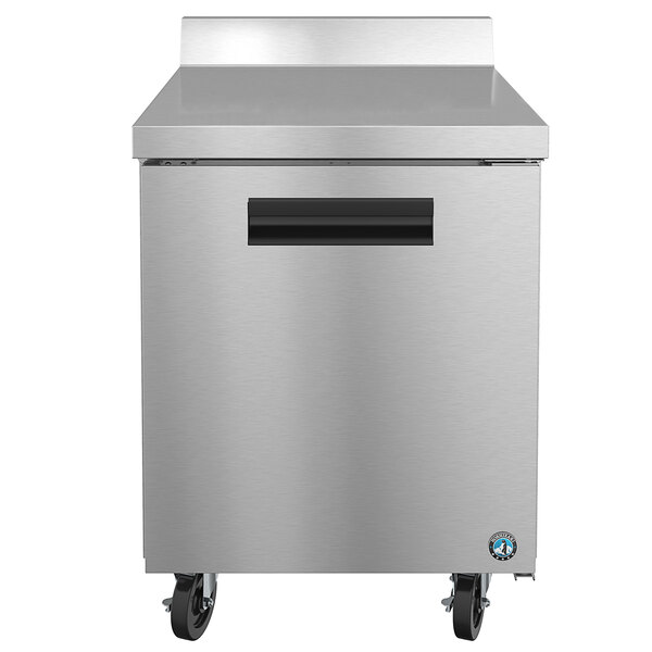 A stainless steel Hoshizaki worktop refrigerator with a black handle.