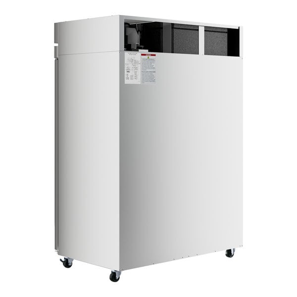 A white Hoshizaki reach-in freezer with wheels.