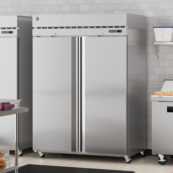 A silver Hoshizaki reach-in freezer with two doors.