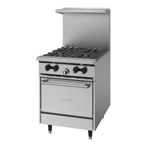 A stainless steel Garland SunFire Series gas range with two burners and a top oven.