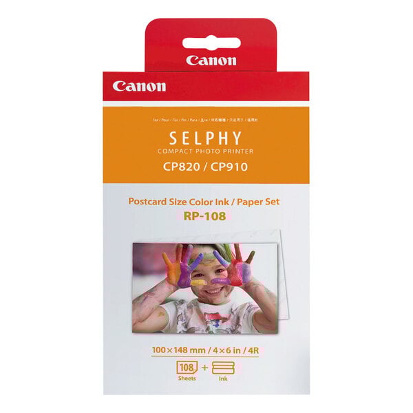 A Canon RP-108 paper and ink cartridge combo pack with a child's picture on it.