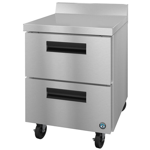 a silver drawer with black handles