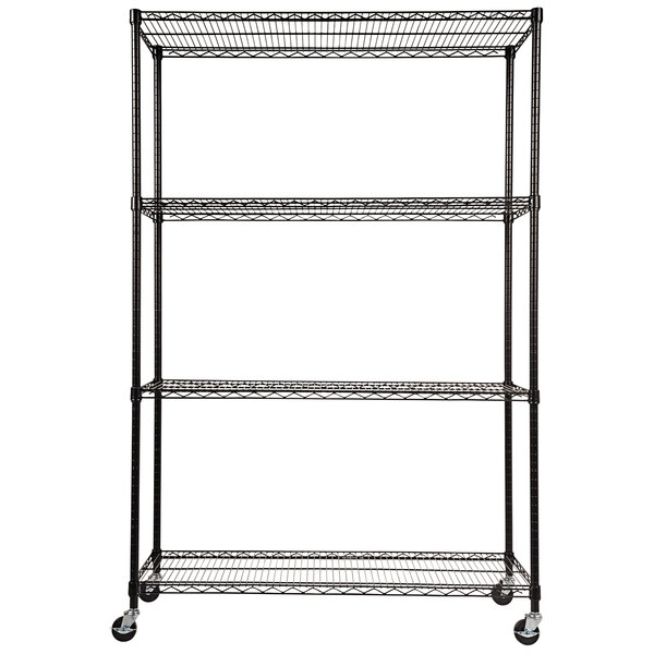 An Alera black steel wire shelving unit with wheels.