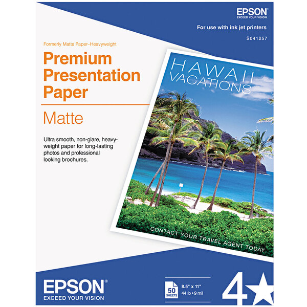 A white package of 100 sheets of Epson Premium Matte Presentation Paper.