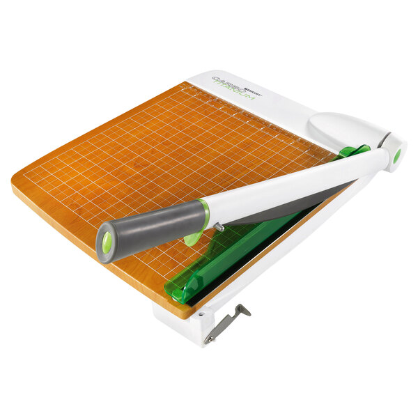 A Westcott paper cutter with a green handle and white blade.