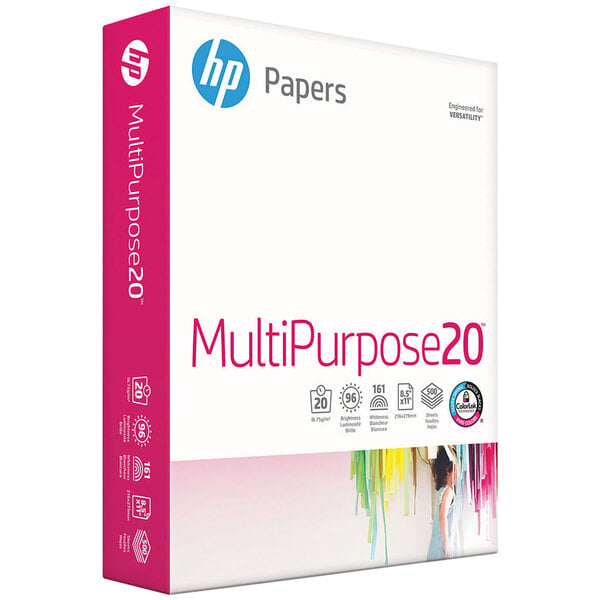 A white ream of HP multi-purpose paper with pink text.