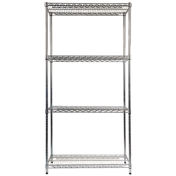 A silver steel Alera heavy wire shelving unit with three shelves.
