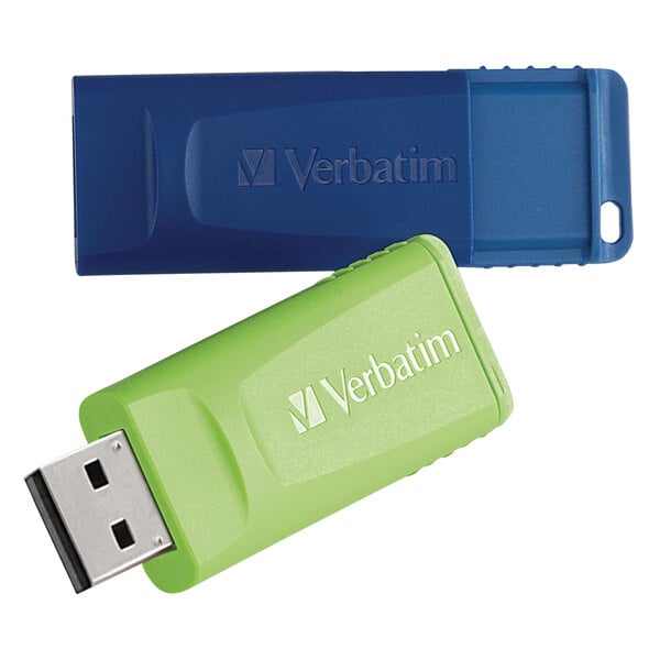 A close-up of a blue and green Verbatim USB flash drive.