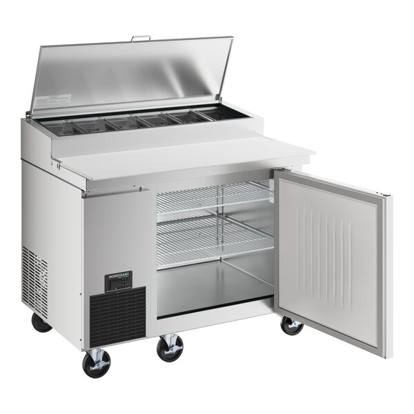 A Hoshizaki stainless steel refrigerator with a door open.