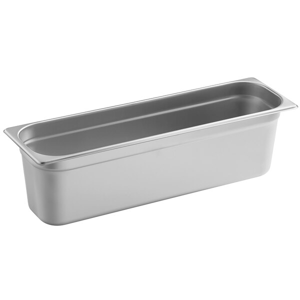 A Carlisle stainless steel rectangular pan with a long rectangular bottom and handle.