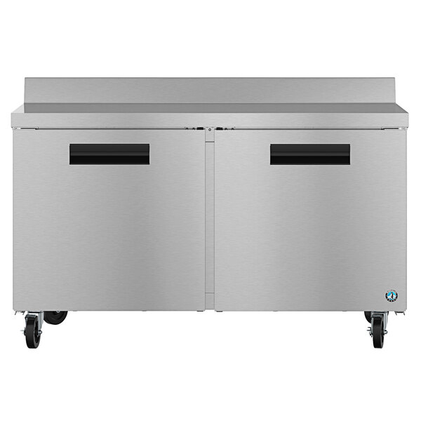 A stainless steel Hoshizaki worktop refrigerator with two doors.