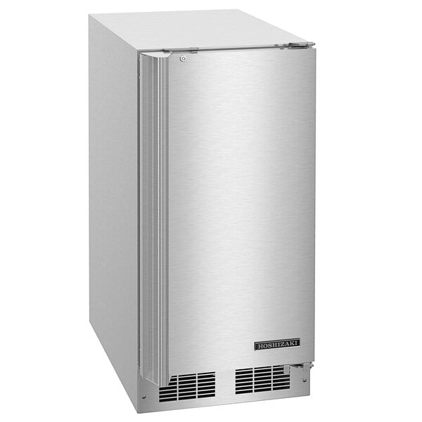 A silver Hoshizaki undercounter refrigerator with a door open.